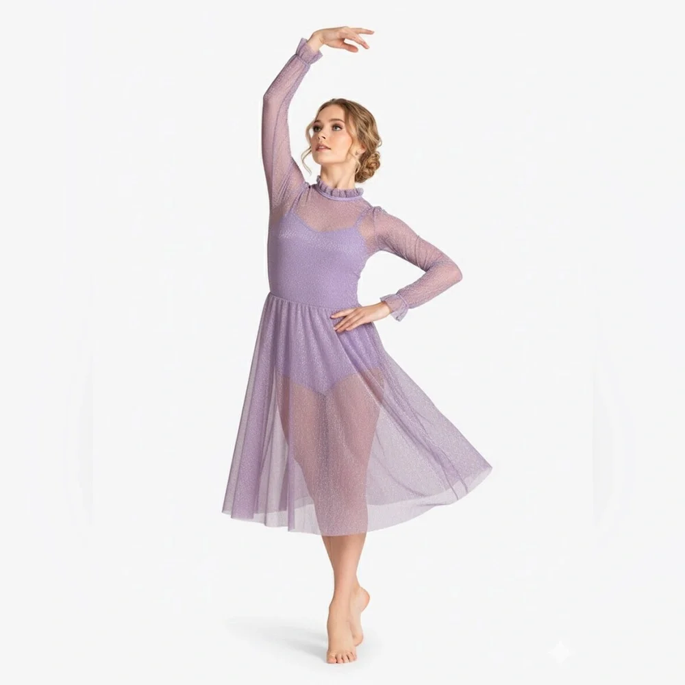 CM Double platinum 2‎ piece Lilac Shimmer Mesh Lyrical Dance Costume Long Sleeve